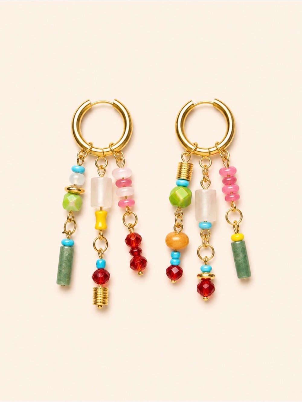 Gold Multicolor Bead Dangle Hoop Earrings